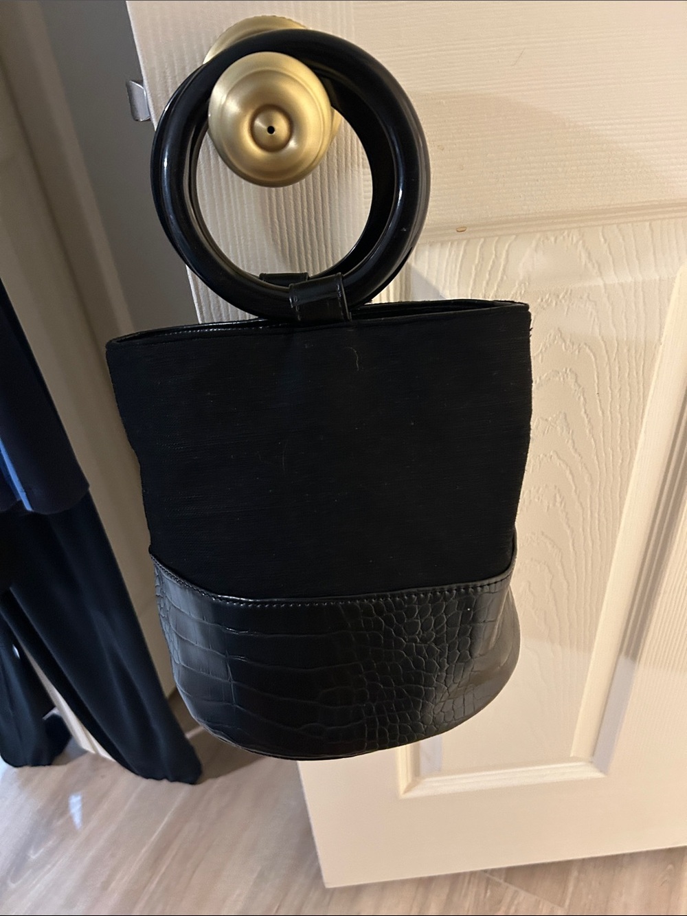 Ann Taylor Black Faux-Croc Bucket Bag with Round Handle